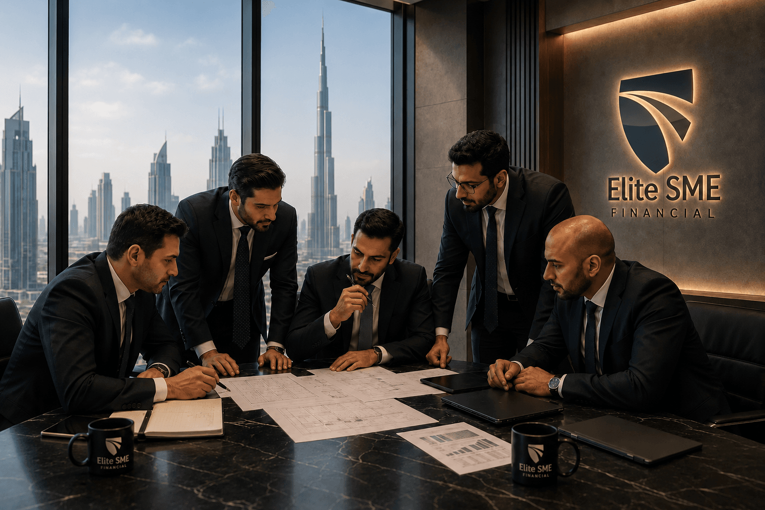Executive boardroom with warm sunlight and city views, quiet capital aesthetic
