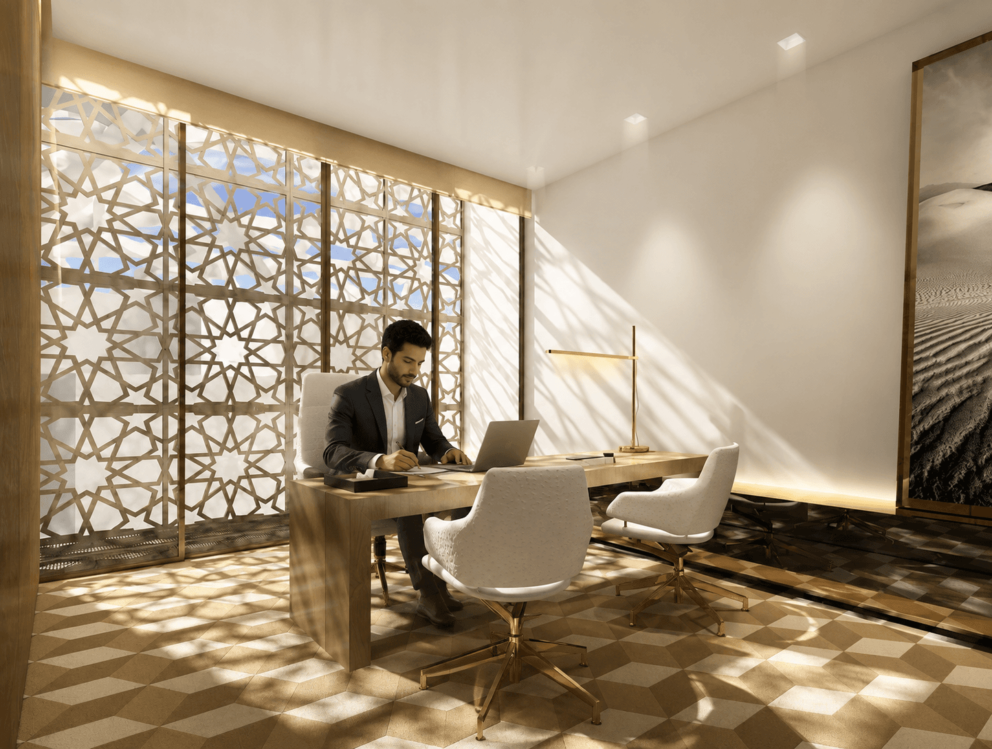 Quiet capital aesthetic with geometric Islamic pattern